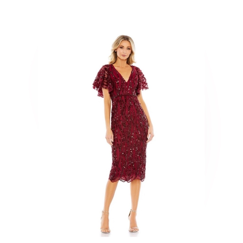Mac Duggal Sequined Burgundy V-Neck Midi Dress Size 16